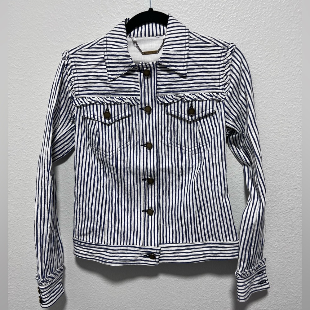 Trina Turk White and Blue Striped Jacket Size Small